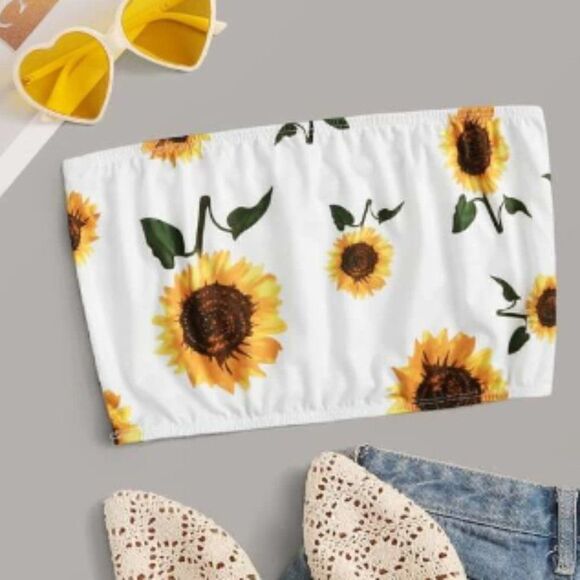 NWT, Shein • Sunflower Print Bandeau Tube Crop Top, Size Small - Picture 1 of 1